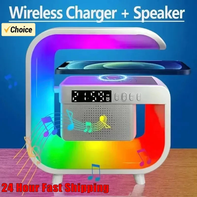 Multifuncional carregador sem fio suporte bluetooth 5.0 alto-falante fm tf rgb luz noturna estação de carregamento rápido para iphone samsung xiaomi